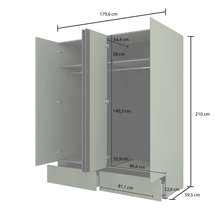 Armadio 180x210h cm 4 ante con 2 cassetti tortora Lolla