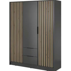 Armadio 155x200h cm 3 ante con cassetti moderno antracite quercia Miller