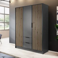 Armadio 155x200h cm 3 ante con cassetti moderno antracite quercia Miller