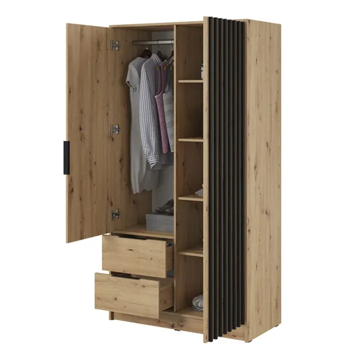 Armadio 105x200h cm 2 ante con cassetti moderno quercia nero Miller