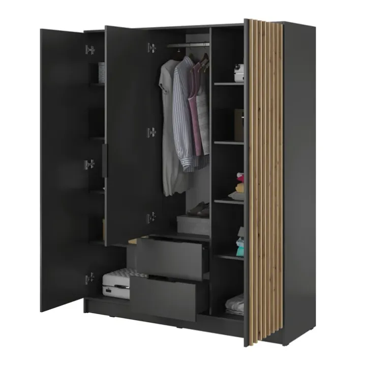 Armadio 155x200h cm 3 ante con specchio antracite quercia Miller