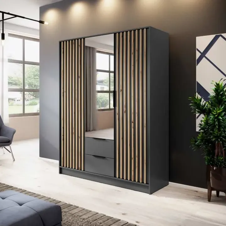 Armadio 155x200h cm 3 ante con specchio antracite quercia Miller