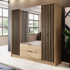 Armadio 206x200h cm 4 ante con specchio moderno quercia nero Miller