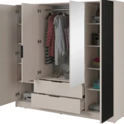 Armadio 206x200h cm 4 ante con specchio moderno beige cashmere Miller
