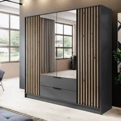 Armadio 206x200h cm 4 ante con specchio antracite quercia Miller