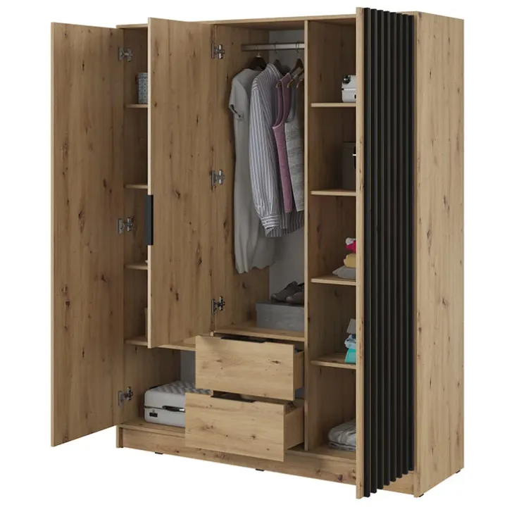 Armadio 155x200h cm 3 ante con specchio moderno quercia nero Miller