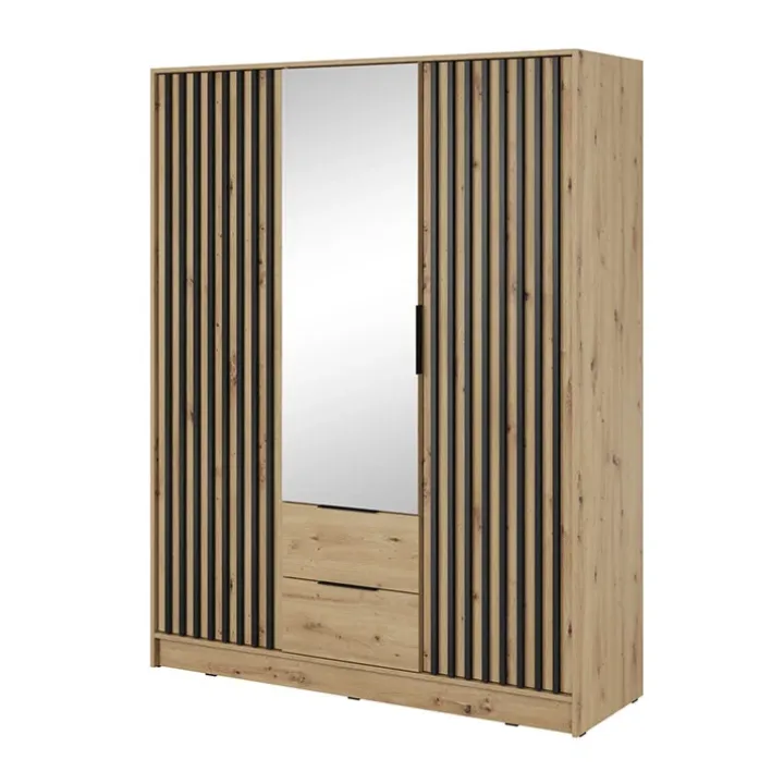Armadio 155x200h cm 3 ante con specchio moderno quercia nero Miller