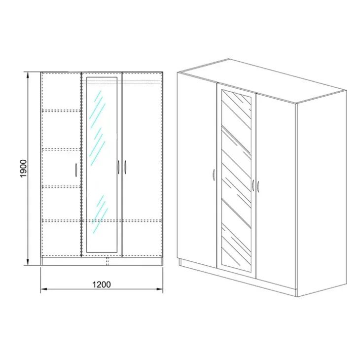 Armadio 120x190h cm 3 ante con specchio bianco Alina