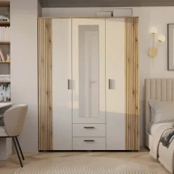 Armadio 150x200h cm 3 ante con specchio e 2 cassetti beige cashmere rovere Parker