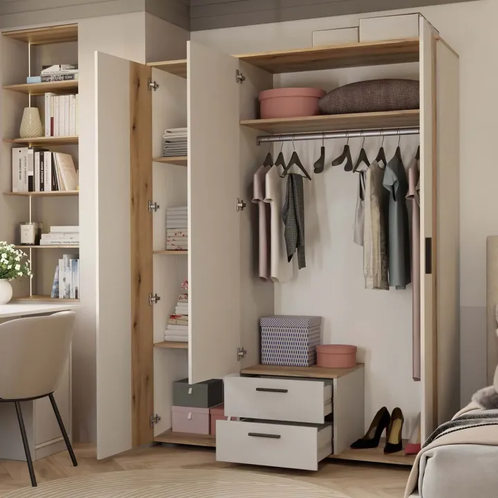 Armadio 150x200h cm 3 ante con specchio e 2 cassetti beige cashmere rovere Parker