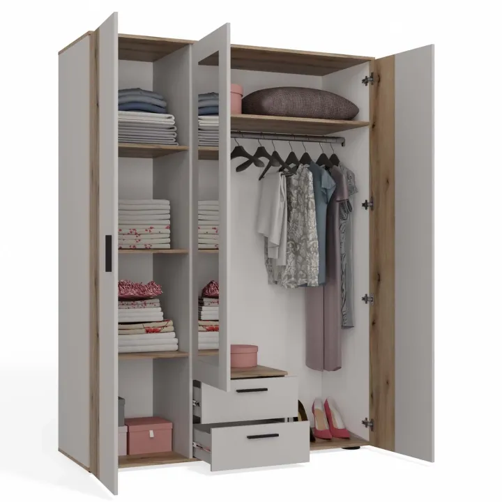 Armadio 150x200h cm 3 ante con specchio e 2 cassetti beige cashmere rovere Parker