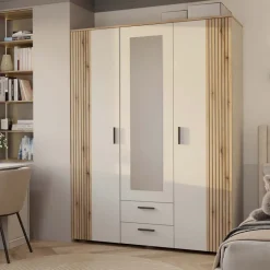Armadio 150x200h cm 3 ante con specchio e 2 cassetti beige cashmere rovere Parker