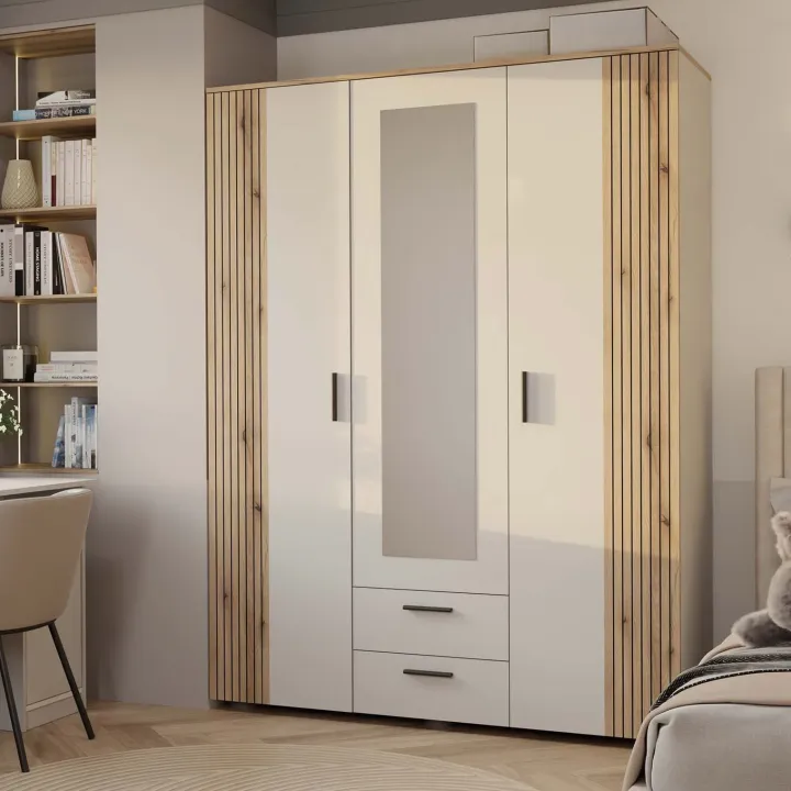 Armadio 150x200h cm 3 ante con specchio e 2 cassetti beige cashmere rovere Parker