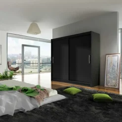 Armadio 180x215h cm 2 ante scorrevoli design moderno nero Aisha