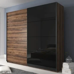 Armadio 200x210h cm 2 ante scorrevoli rovere scuro nero lucido Cortina Gihome®