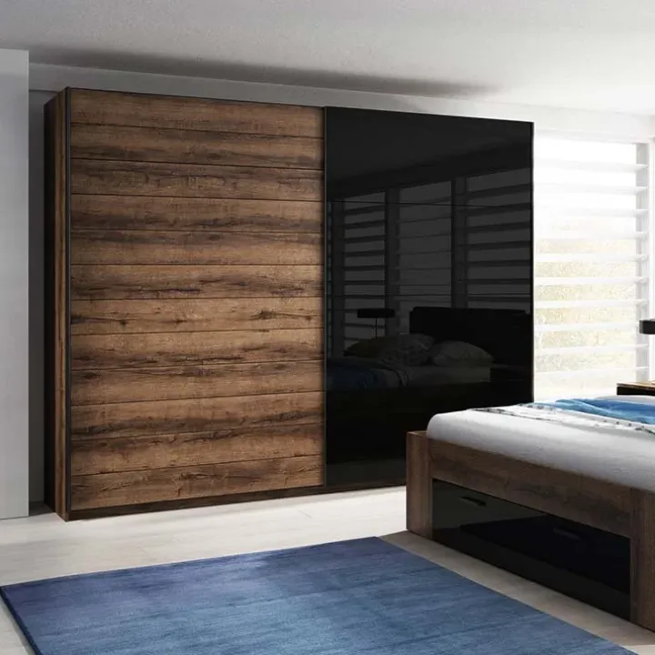Armadio 200x210h cm 2 ante scorrevoli rovere scuro nero lucido Cortina Gihome®