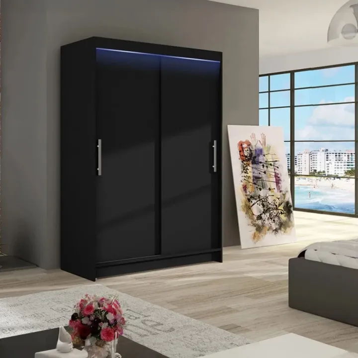 Armadio 120x200h cm 2 ante scorrevoli nero con led Tancredi