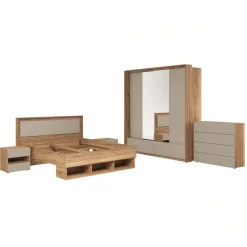 Armadio 209x219h cm 2 ante scorrevoli 2 cassetti con specchio rovere tortora Lise