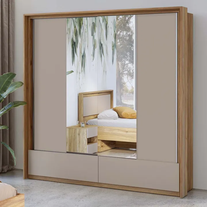 Armadio 209x219h cm 2 ante scorrevoli 2 cassetti con specchio rovere tortora Lise