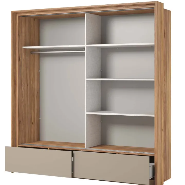 Armadio 209x219h cm 2 ante scorrevoli 2 cassetti con specchio rovere tortora Lise