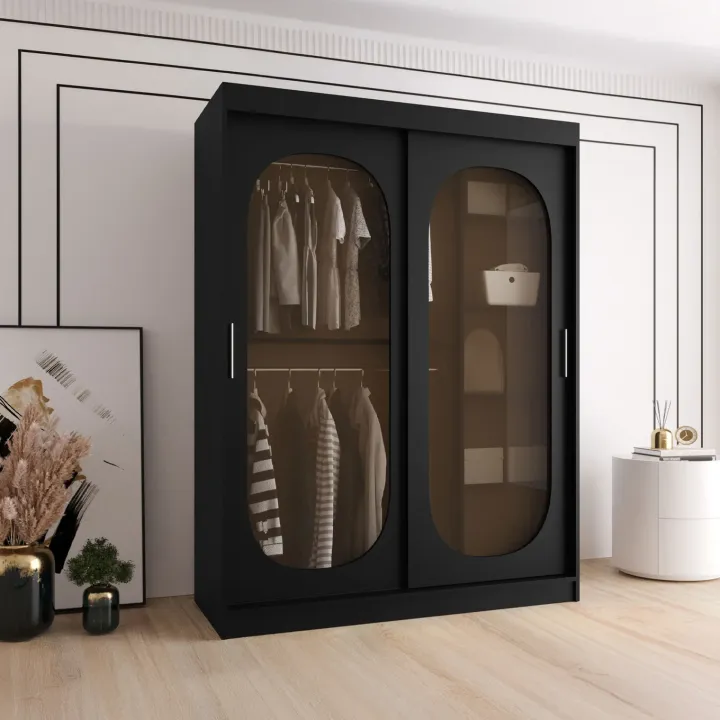 Armadio 150x200h cm 2 ante scorrevoli vetrate nero opaco Elmor