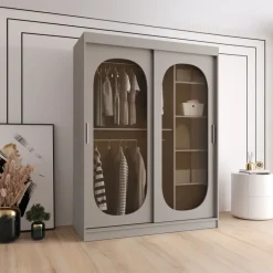 Armadio 150x200h cm 2 ante scorrevoli vetrate beige cashmere Elmor