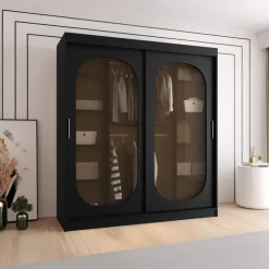 Armadio 180x200h cm 2 ante scorrevoli vetrate nero opaco Elmor