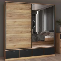 Armadio 200x209h cm 2 ante scorrevoli con specchio 4 cassetti rovere nero Yve