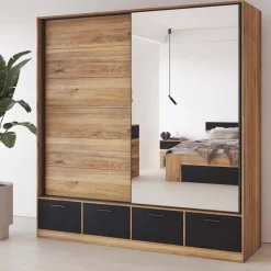 Armadio 200x209h cm 2 ante scorrevoli con specchio 4 cassetti rovere nero Yve