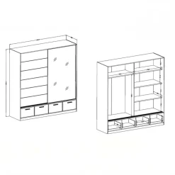 Armadio 200x209h cm 2 ante scorrevoli con specchio 4 cassetti rovere nero Yve