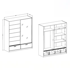 Armadio 180x209h cm 2 ante scorrevoli con specchio 2 cassetti rovere Yve