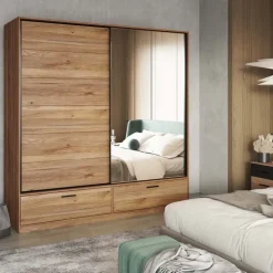 Armadio 180x209h cm 2 ante scorrevoli con specchio 2 cassetti rovere Yve