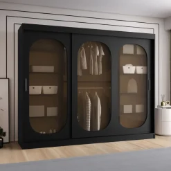 Armadio 250x200h cm 3 ante scorrevoli vetrate nero opaco Elmor