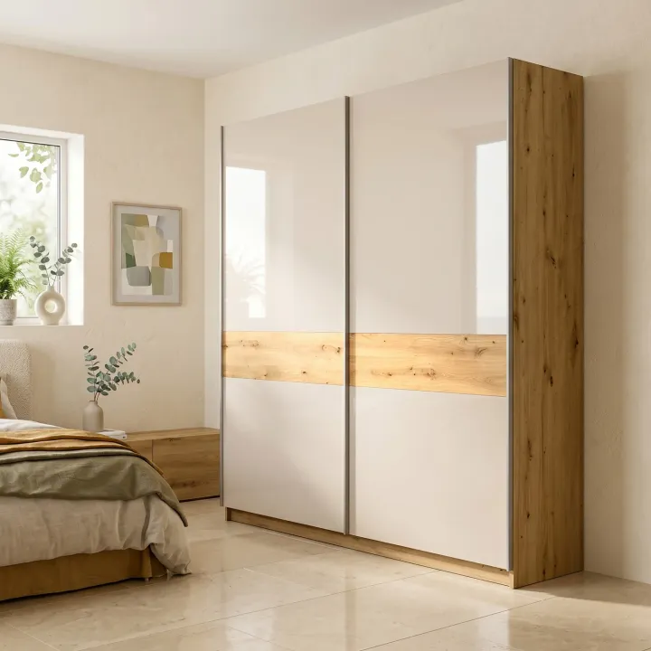 Armadio 200x215h cm 2 ante scorrevoli beige cashmere lucido rovere Elara