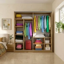 Armadio 200x215h cm 2 ante scorrevoli beige cashmere lucido rovere Elara