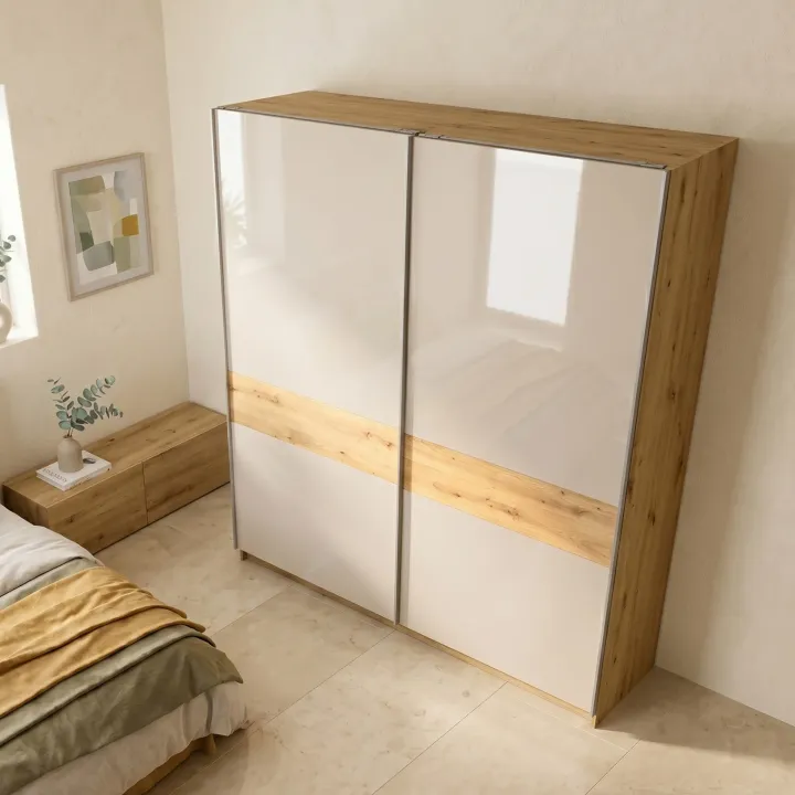 Armadio 200x215h cm 2 ante scorrevoli beige cashmere lucido rovere Elara