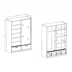 Armadio 150x209h cm 2 ante scorrevoli con specchio 2 cassetti rovere nero Yve