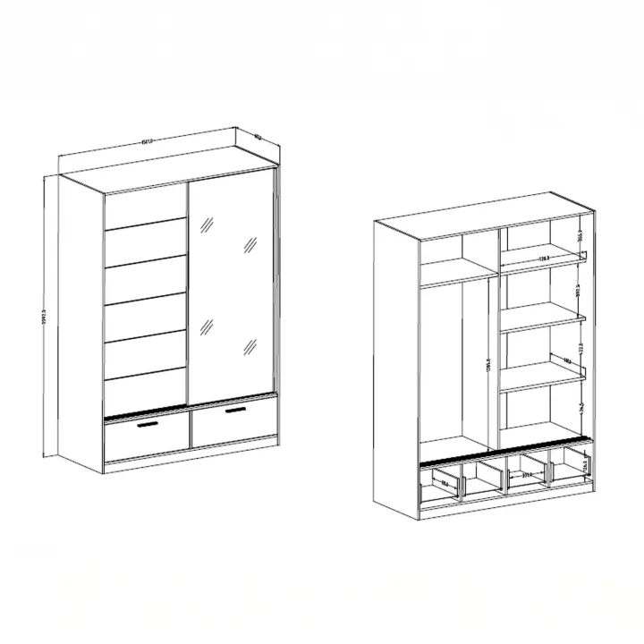 Armadio 150x209h cm 2 ante scorrevoli con specchio 2 cassetti rovere nero Yve