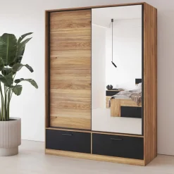 Armadio 150x209h cm 2 ante scorrevoli con specchio 2 cassetti rovere nero Yve