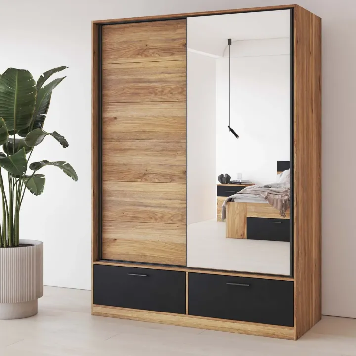 Armadio 150x209h cm 2 ante scorrevoli con specchio 2 cassetti rovere nero Yve