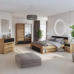 Armadio 150x209h cm 2 ante scorrevoli con specchio 2 cassetti rovere nero Yve