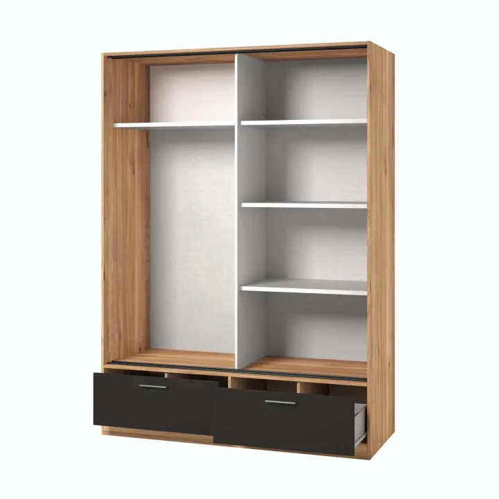 Armadio 150x209h cm 2 ante scorrevoli con specchio 2 cassetti rovere nero Yve