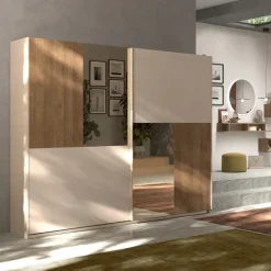 Armadio 275x240h cm 2 ante scorrevoli con specchio beige cashmere rovere scuro Varry