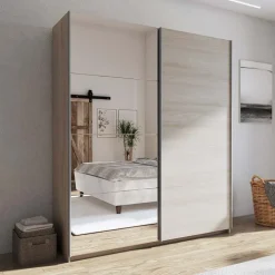 Armadio 180x219h cm 2 ante scorrevoli moderno rovere chiaro specchio Caracas