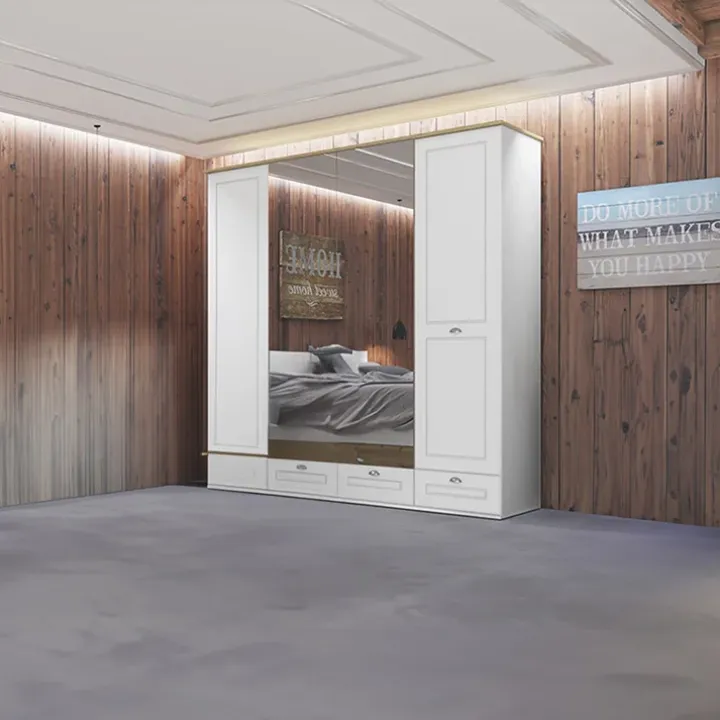 Armadio 203x205h cm 4 ante specchi 4 cassetti bianco opaco Loira