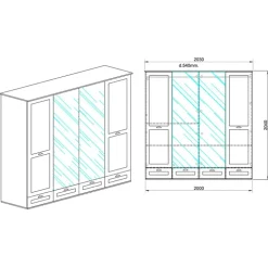 Armadio 203x205h cm 4 ante specchi 4 cassetti bianco opaco Loira