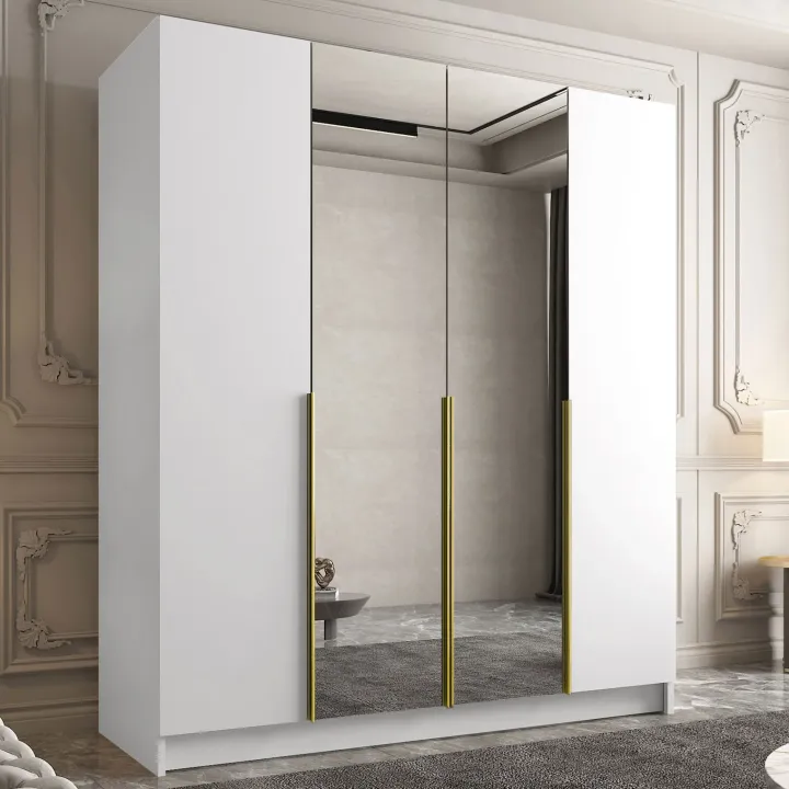 Armadio 200x215h cm 4 ante 2 specchi moderno bianco oro Glammy 4