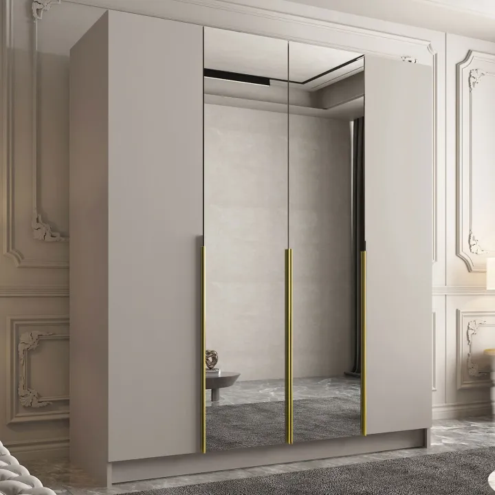 Armadio 200x215h cm 4 ante 2 specchi moderno beige oro Glammy 4