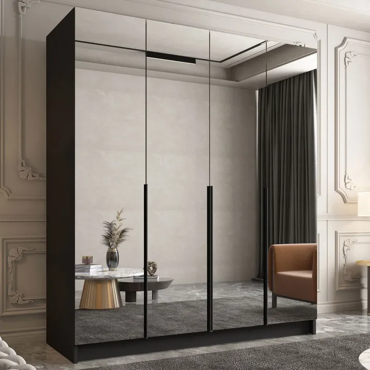 Armadio 200x215h cm 4 ante 4 specchi moderno nero Glammy 4