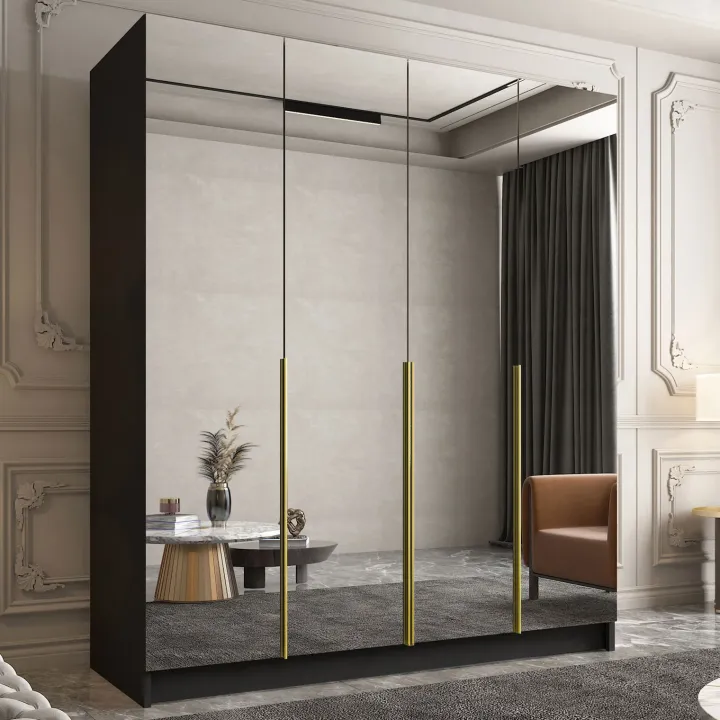 Armadio 200x215h cm 4 ante 4 specchi moderno nero oro Glammy 4
